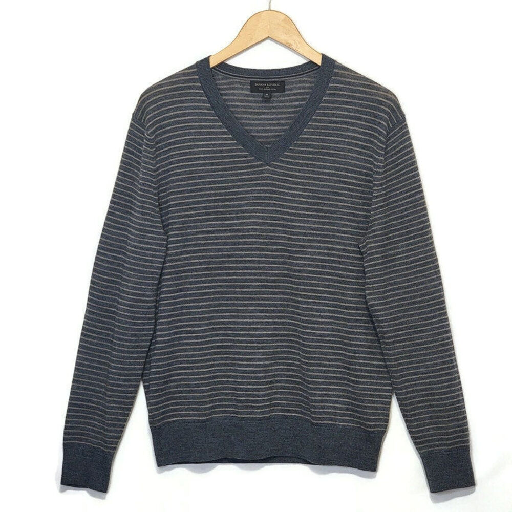 Banana Republic Men Merino Wool Sweater Gray Stripe V Neck Long Sleeve Classic M